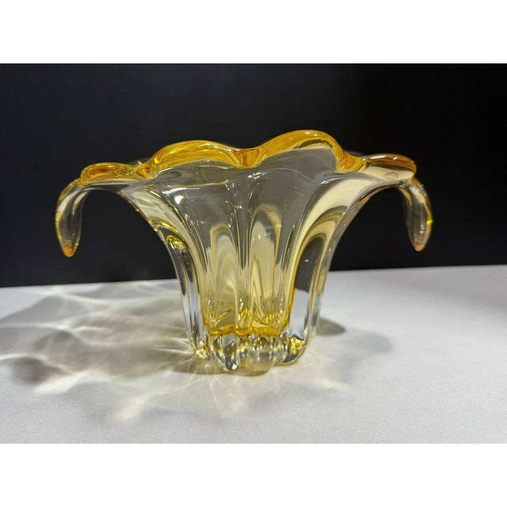 Vintage Murano Style Amber Yellow Sommerso Art Glass Flared Ribbed Vase